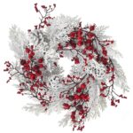 Χριστουγεννιάτικο στεφάνι λευκό χιονισμένο με κόκκινα berries και κουκουνάρια - 35εκ