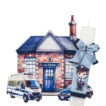 Λευκή πλακέ λαμπάδα με αστυνομικό και ξύλινη πλάτη με αστυνομικό τμήμα