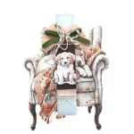 Λευκή πλακέ λαμπάδα με Λαμπραντόρ και ξύλινη πλάτη με Λαμπραντόρ σε πολυθρόνα