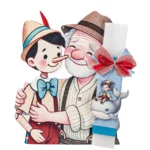 Λευκή πλακέ λαμπάδα με Πινόκιο και ξύλινη πλάτη με Πινόκιο και Τζεπέτο