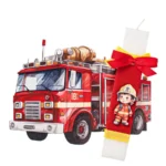 Λευκή πλακέ λαμπάδα με πυροσβέστη και ξύλινη πλάτη με πυροσβεστικό όχημα