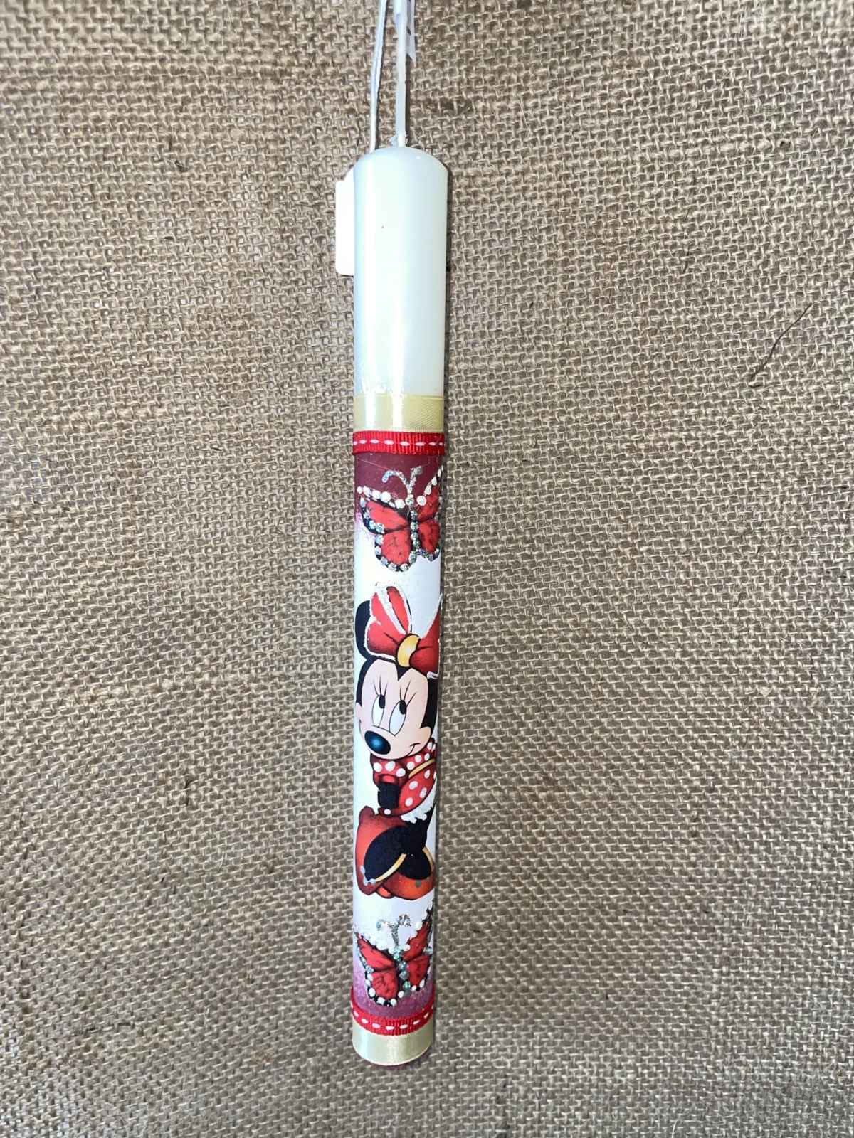 Λευκή στρογγυλή λαμπάδα με ντεκουπάζ Minnie - Image 1