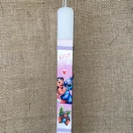 Λευκή πλακέ λαμπάδα με ροζ ντεκουπάζ Lilo & Stitch