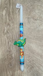 Λευκή στρογγυλή λαμπάδα με μαγνητικό βραχιολάκι με πράσινο δεινοσαυράκι