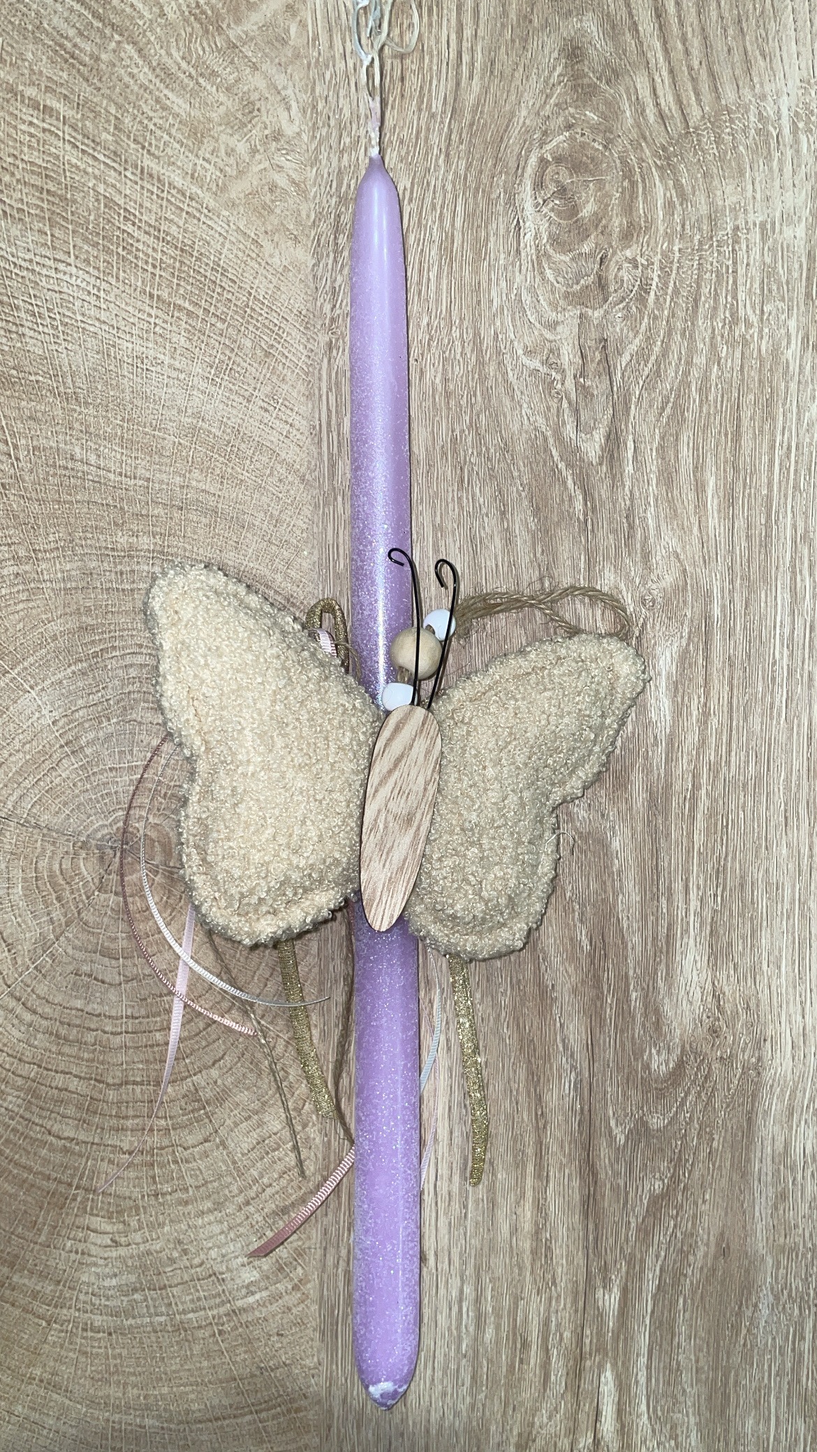 AADD6B59-A902-432C-8E27-A8D74819706B Μωβ ιριζέ λαμπάδα με διακοσμητική πεταλούδα υφασμάτινη - Image 1